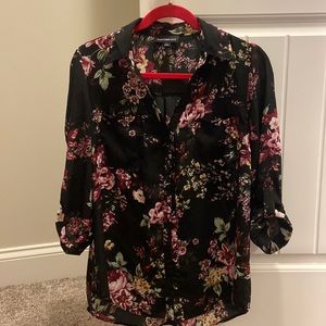 Fortune and Ivy Black, Blush/plum floral button-up blouse